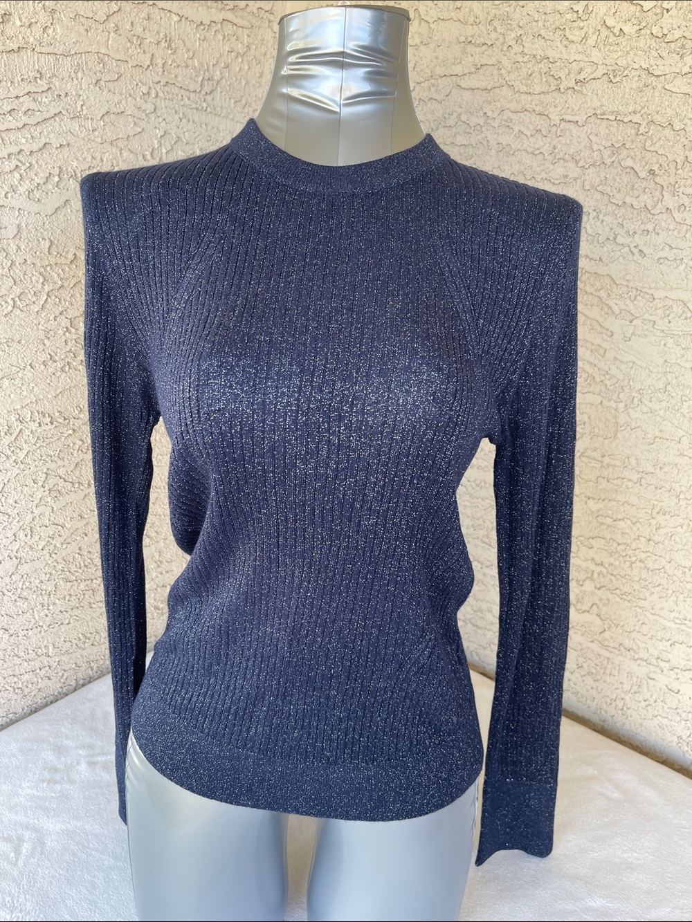 LOFT Navy Sparkle Long-Sleeve Ribbed Knit Top